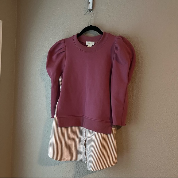 Maeve by Anthropologie Puff Sleeve Sweater Built in Oxford Stripe Shirt Size XXS - Picture 3 of 8
